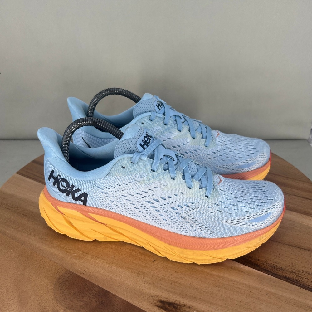 Hoka One One Clifton 8 Summer Song Ice Flow Blue Orange Running Shoes 9 B